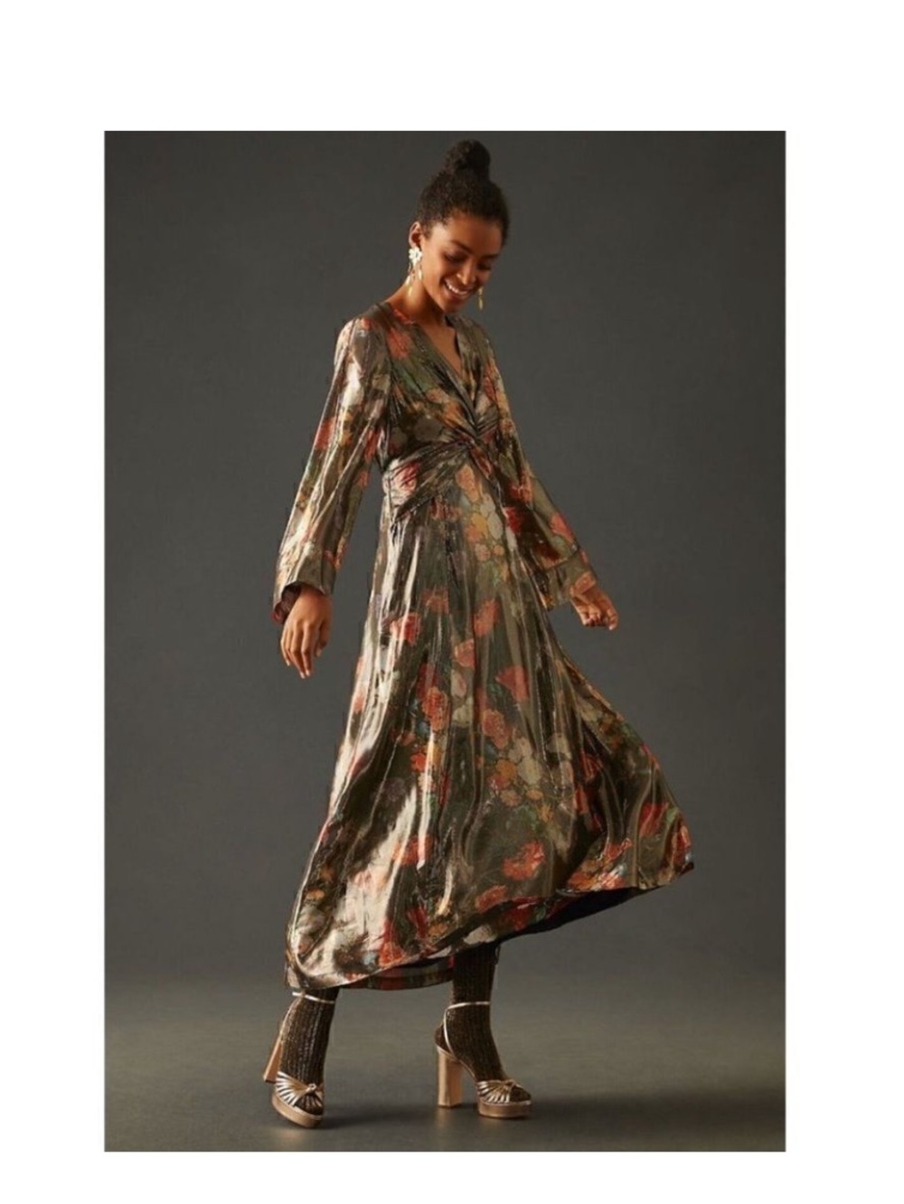 Anthropologie Caballero Floral Twist-Front Maxi Dress in Olive Multi